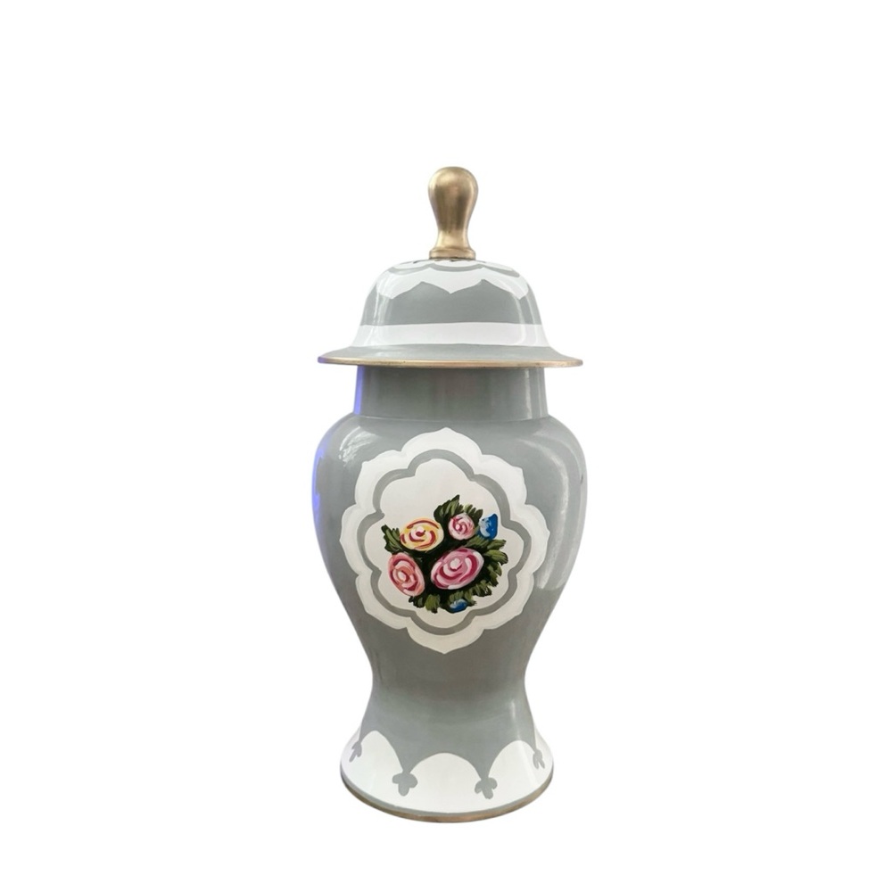 NEW Dana Gibson Gray Floral Waldorf Ginger Jar 12”